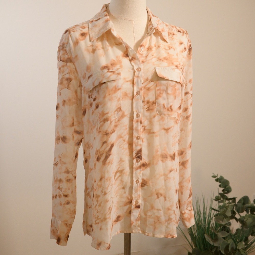 Guess Los Angeles Women Tan Tie Dye Button Down Shirt Blouse Size S W31H46W3TU0